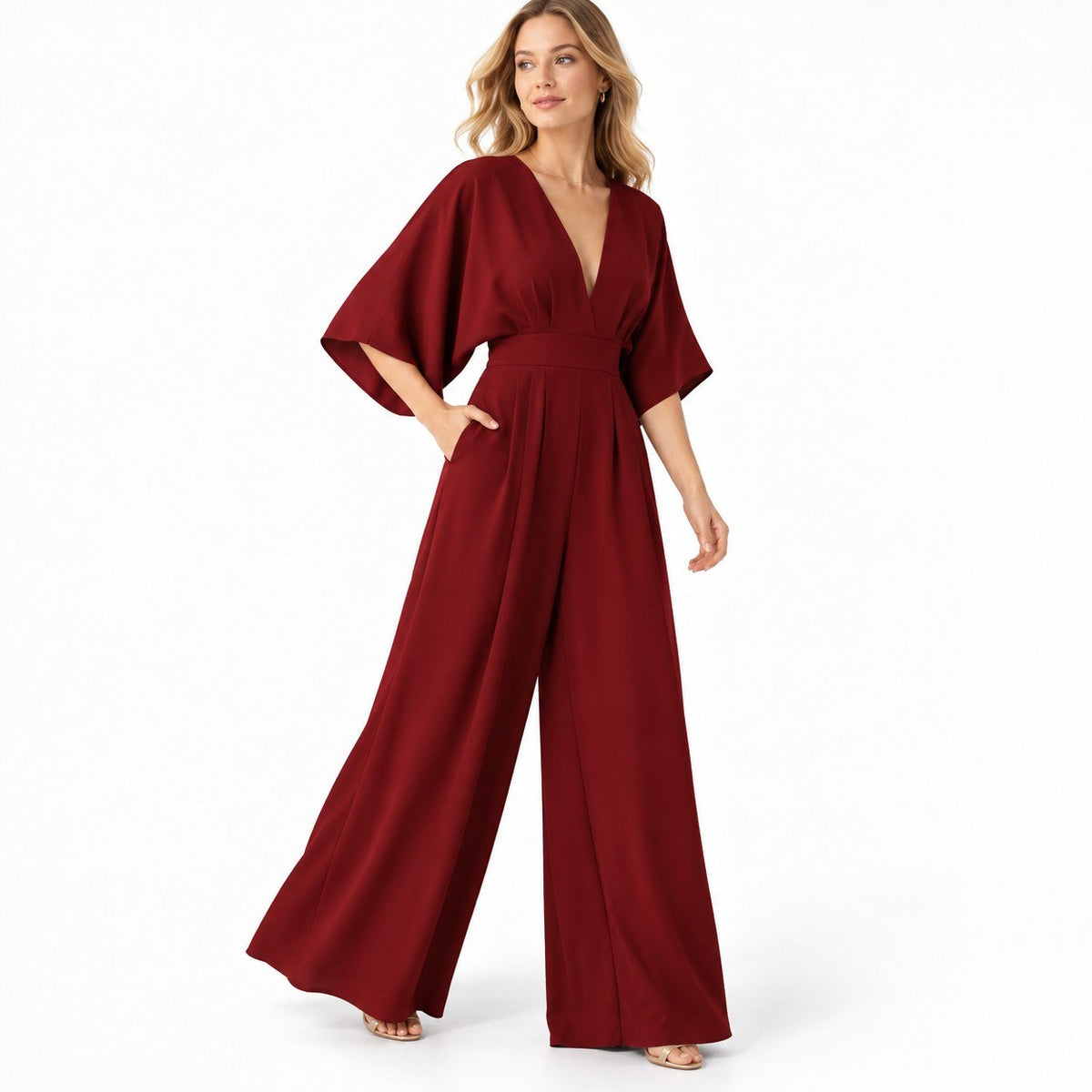 Damen Mousseline-Jumpsuit | Hohe Taille & Weites Bein | Langes Einfarbiges Design