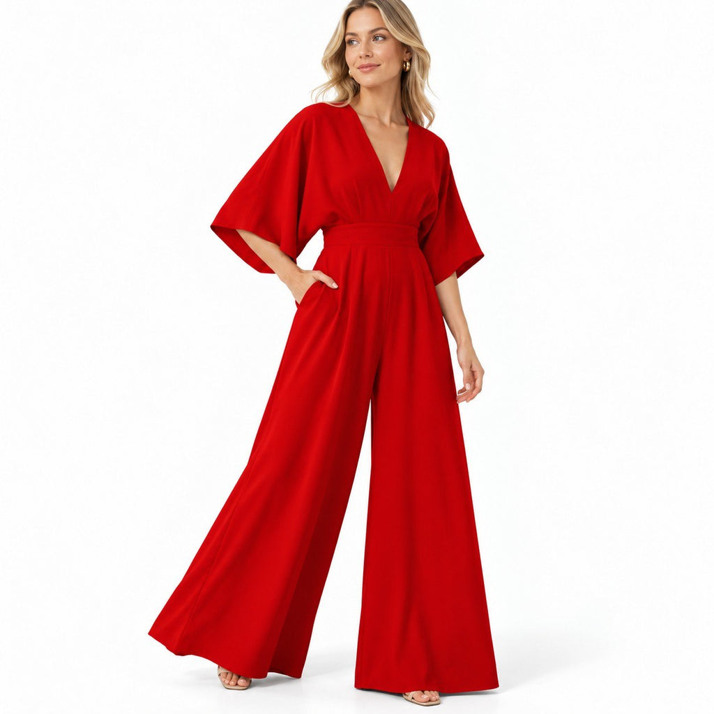Damen Mousseline-Jumpsuit | Hohe Taille & Weites Bein | Langes Einfarbiges Design