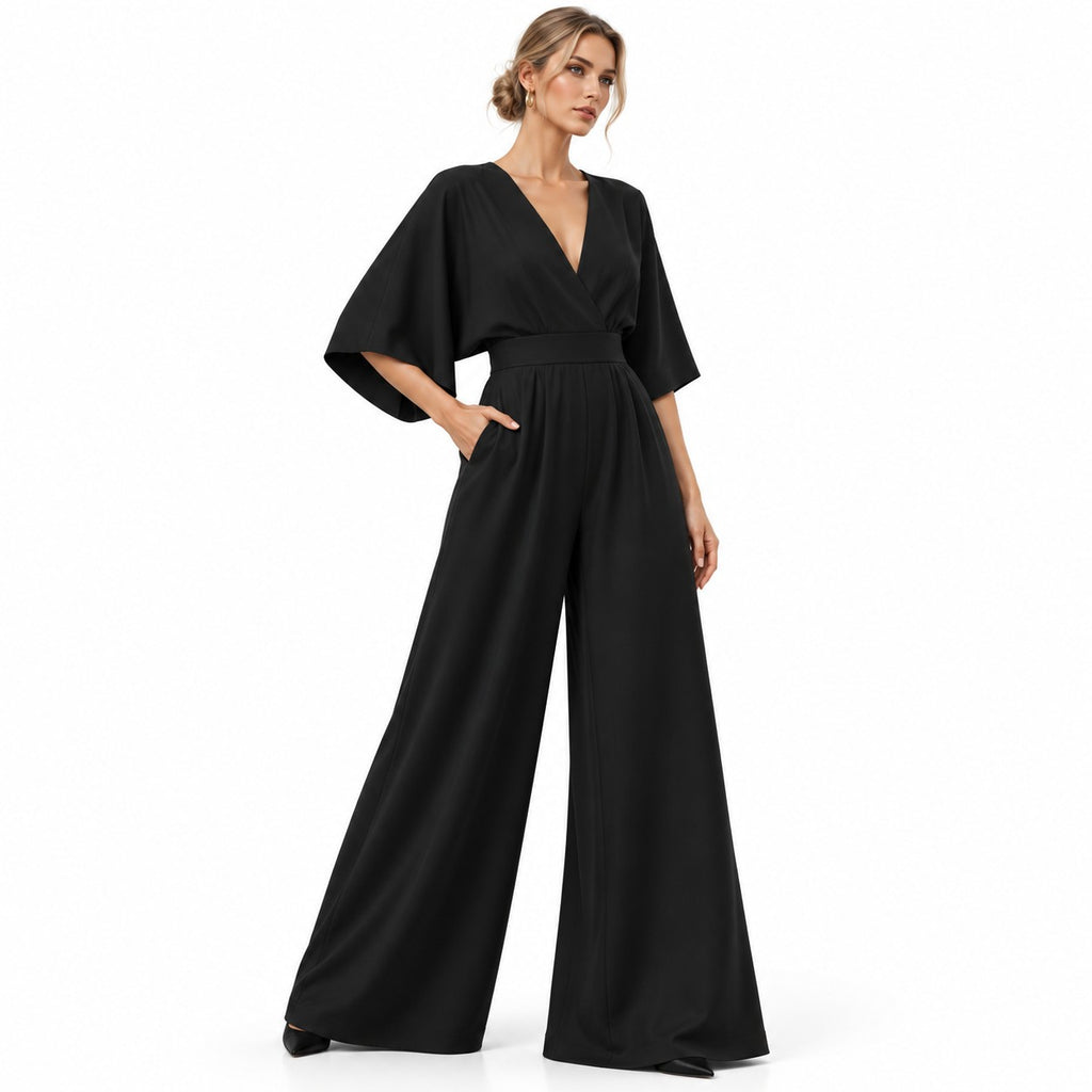 Damen Mousseline-Jumpsuit | Hohe Taille & Weites Bein | Langes Einfarbiges Design