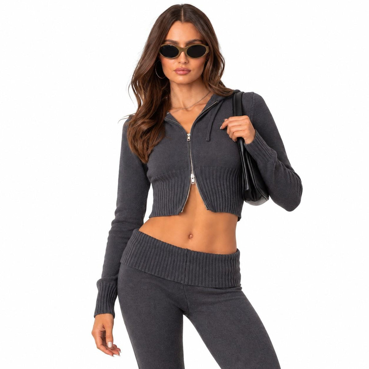 Damen Strick-Cardigan mit Kapuze | Polyestermischung | Kurzes Zip-Up-Design