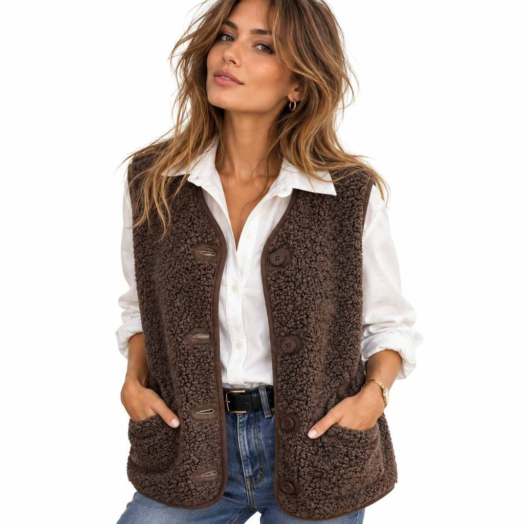 Damen Weste aus Wolle & Baumwolle | Regular Fit & Knöpfe | Ärmellos mit Fronttaschen
