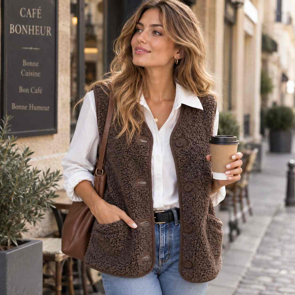Damen Weste aus Wolle & Baumwolle | Regular Fit & Knöpfe | Ärmellos mit Fronttaschen