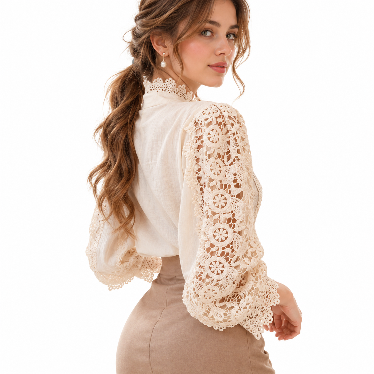 Damenbluse mit Spitzendetails | Polyester & Baumwolle | Lange Ärmel und Umlegekragen