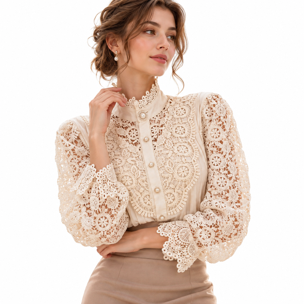Damenbluse mit Spitzendetails | Polyester & Baumwolle | Lange Ärmel und Umlegekragen