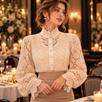 Damenbluse mit Spitzendetails | Polyester & Baumwolle | Lange Ärmel und Umlegekragen