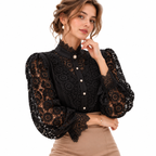 Damenbluse mit Spitzendetails | Polyester & Baumwolle | Lange Ärmel und Umlegekragen