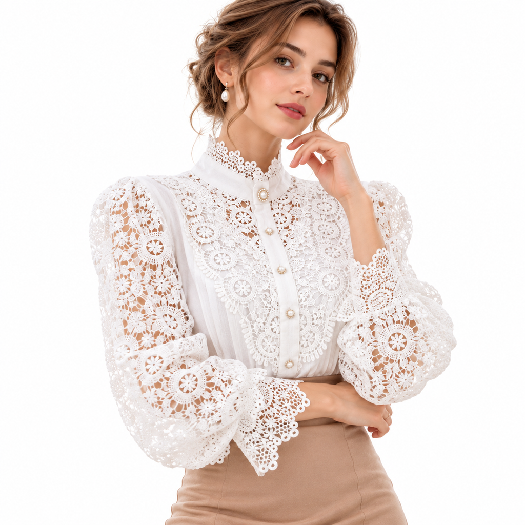 Damenbluse mit Spitzendetails | Polyester & Baumwolle | Lange Ärmel und Umlegekragen