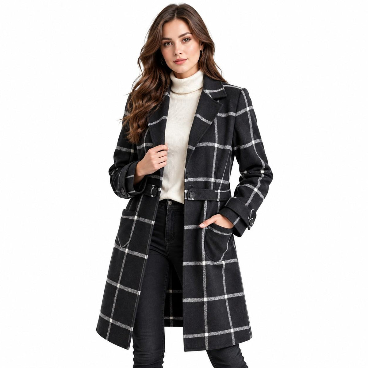 Damenjacke aus Wollmischung | Karomuster & figurbetonter Schnitt | Langarmjacke für Herbst und Winter