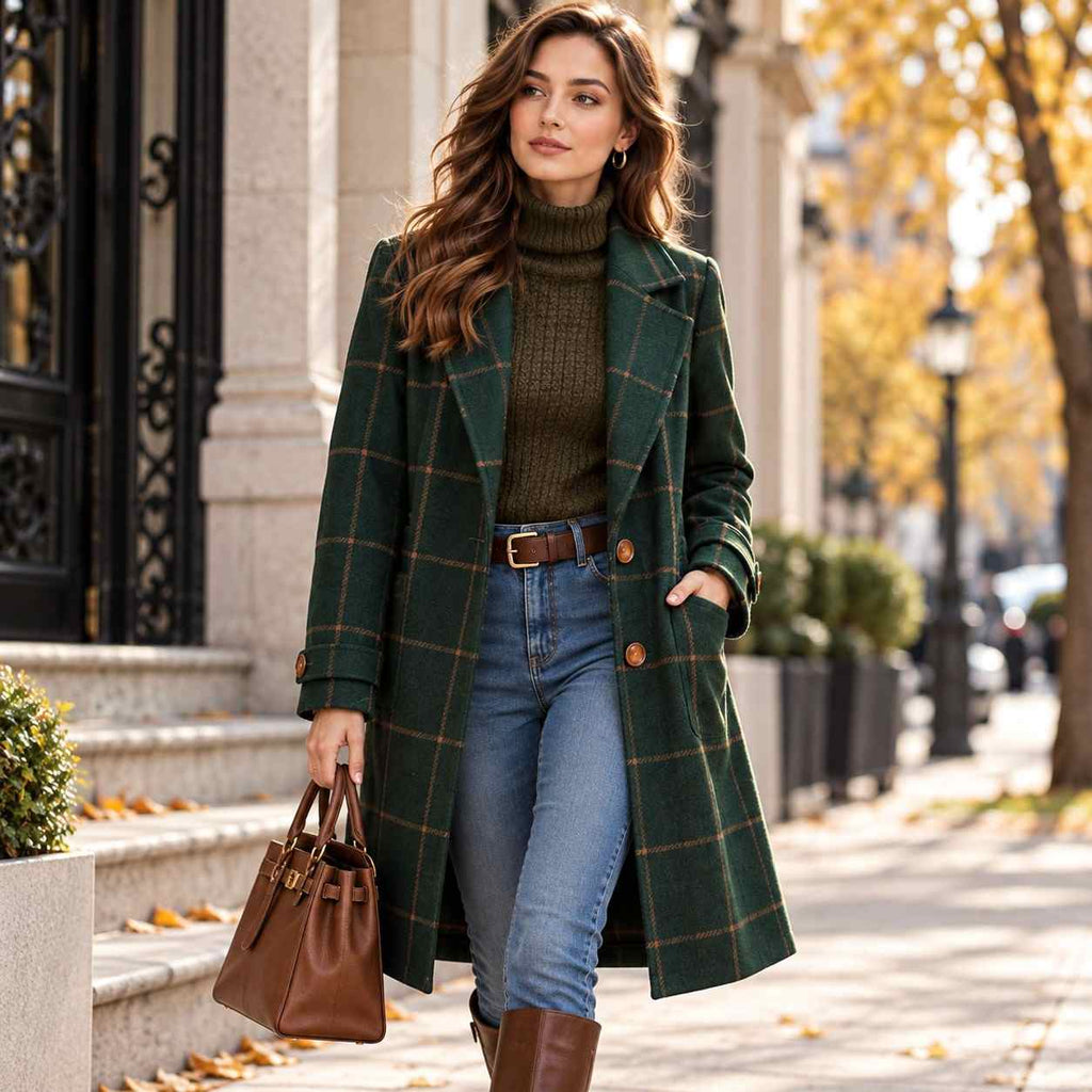 Damenjacke aus Wollmischung | Karomuster & figurbetonter Schnitt | Langarmjacke für Herbst und Winter