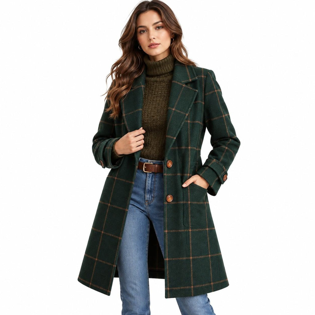 Damenjacke aus Wollmischung | Karomuster & figurbetonter Schnitt | Langarmjacke für Herbst und Winter