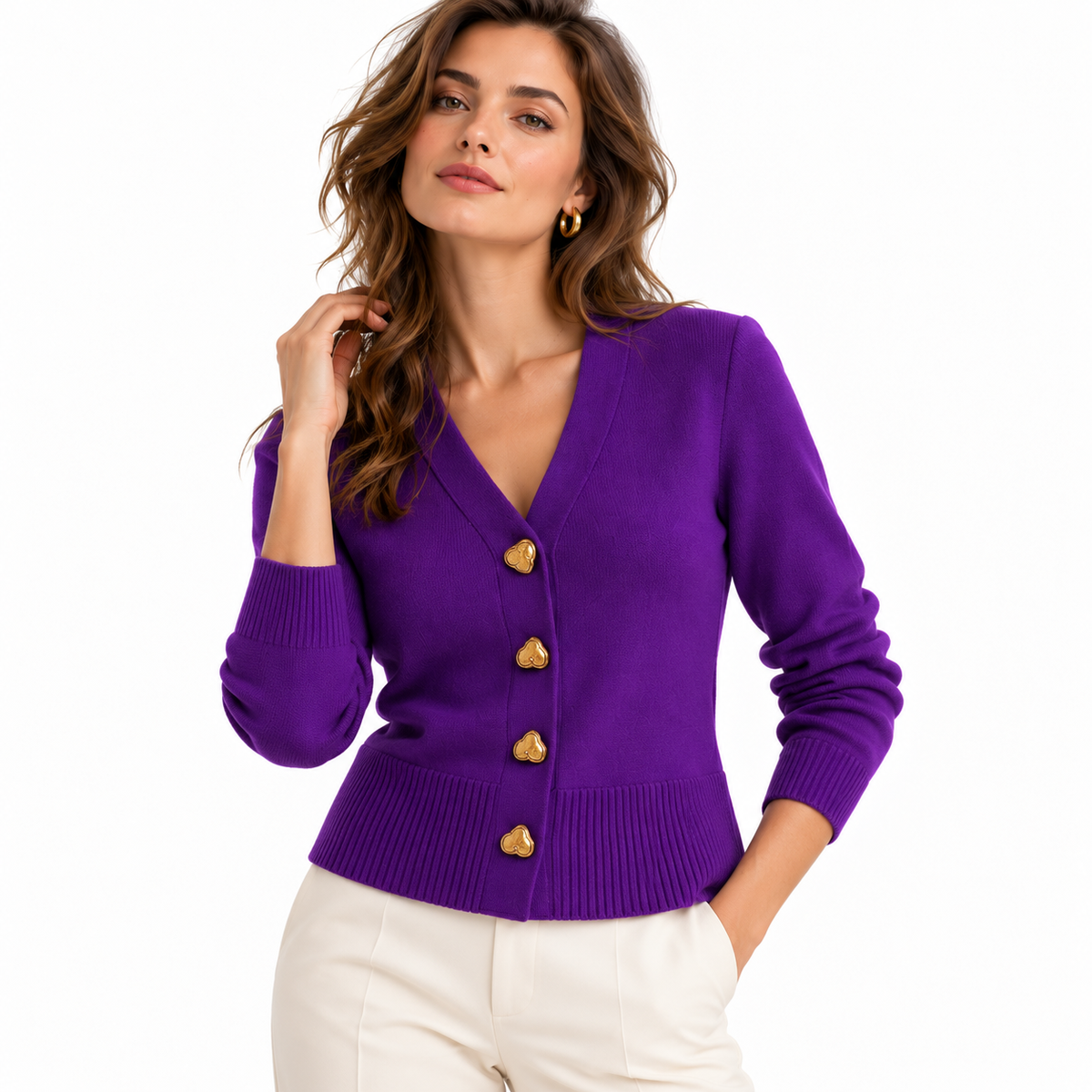 Damenpullover aus Wolle | Knopfdetails & lange Ärmel | Gerade H-Silhouette