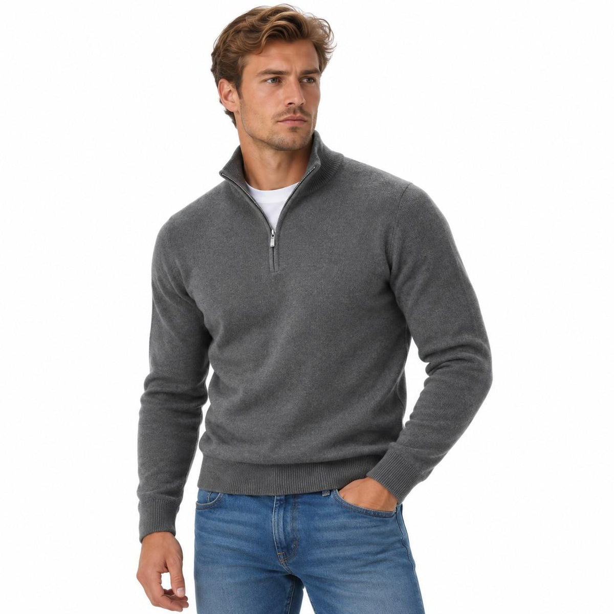 Herren Baumwoll-Strickpullover | V-Ausschnitt & Reißverschluss | Langarm