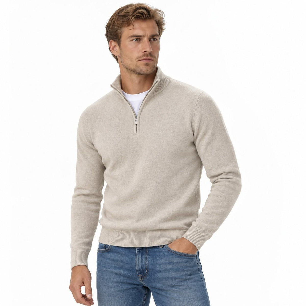 Herren Baumwoll-Strickpullover | V-Ausschnitt & Reißverschluss | Langarm