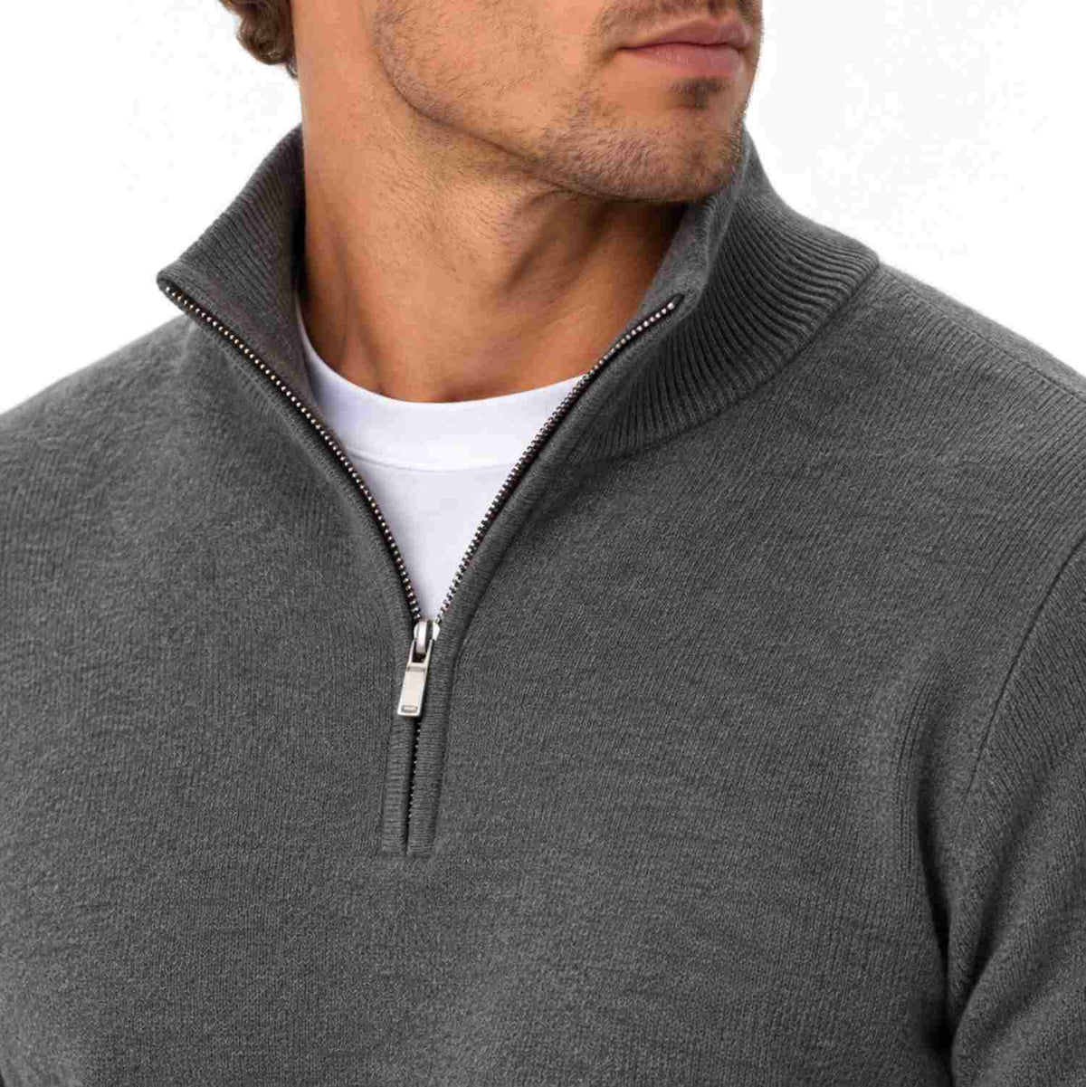Herren Baumwoll-Strickpullover | V-Ausschnitt & Reißverschluss | Langarm