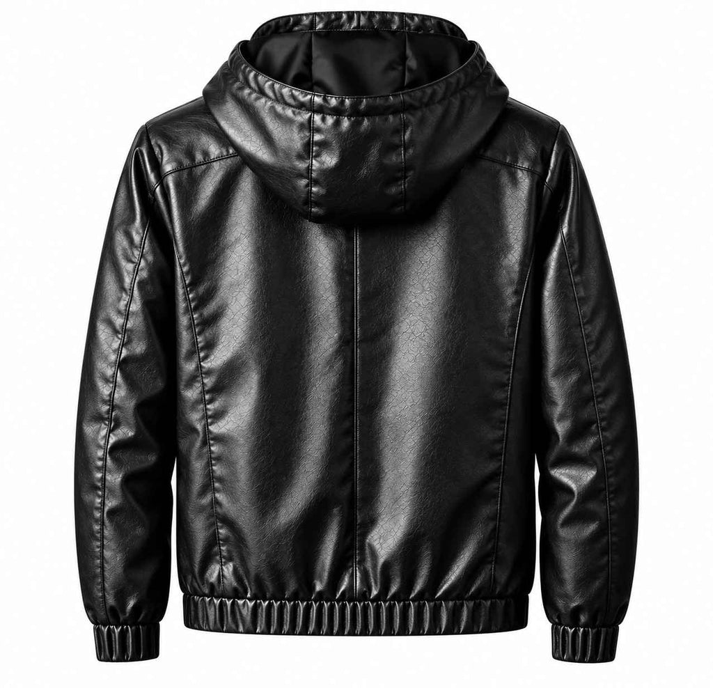 Herren Kunstlederjacke | Integrierte Kapuze mit Kordelzug | Regular Fit mit Reißverschluss
