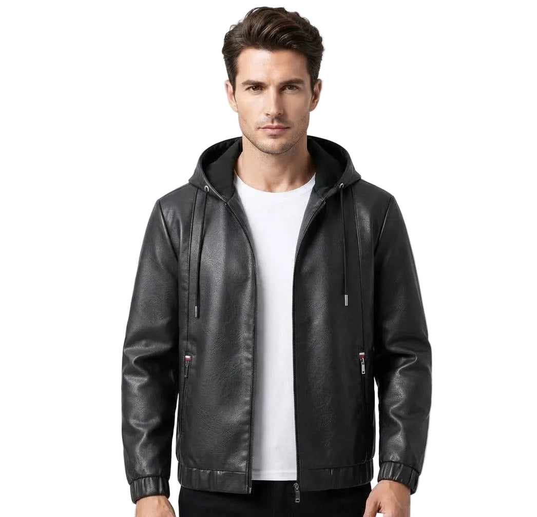 Herren Kunstlederjacke | Integrierte Kapuze mit Kordelzug | Regular Fit mit Reißverschluss