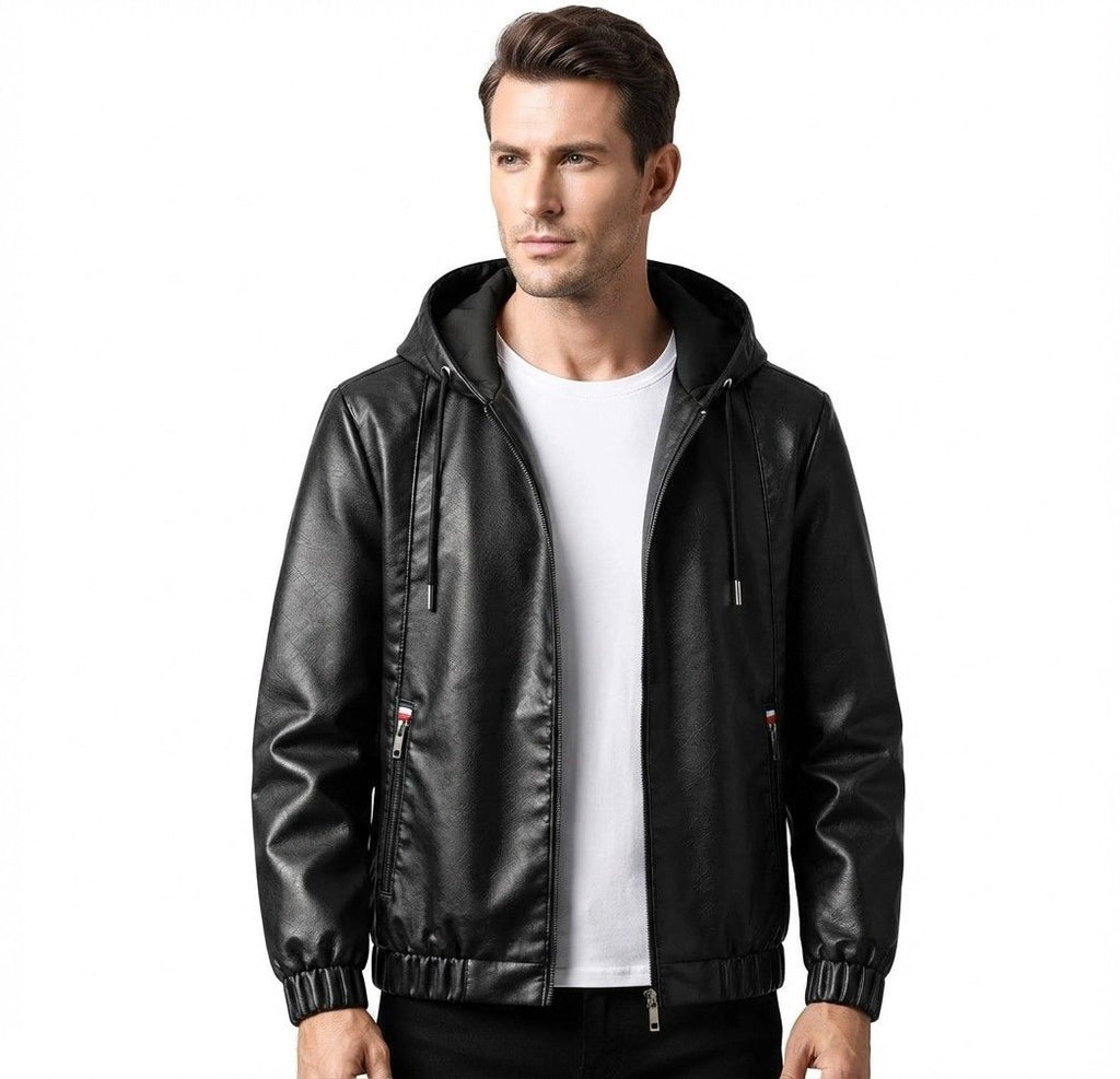 Herren Kunstlederjacke | Integrierte Kapuze mit Kordelzug | Regular Fit mit Reißverschluss