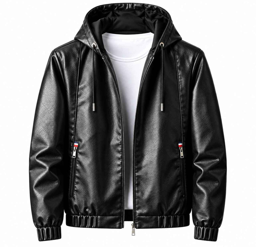 Herren Kunstlederjacke | Integrierte Kapuze mit Kordelzug | Regular Fit mit Reißverschluss