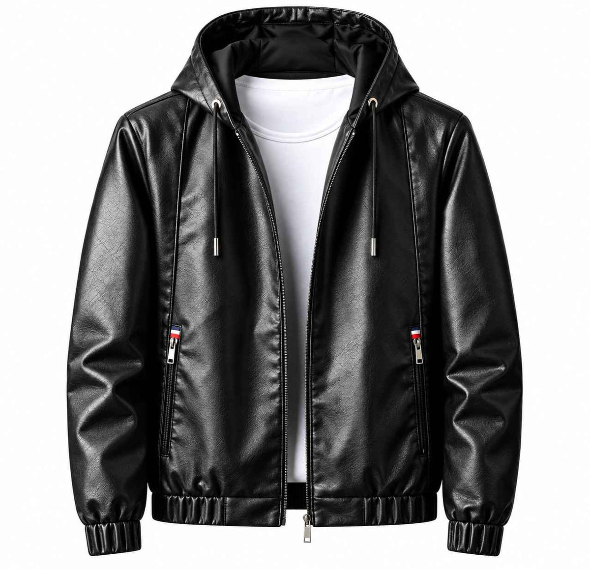 Herren Kunstlederjacke | Integrierte Kapuze mit Kordelzug | Regular Fit mit Reißverschluss