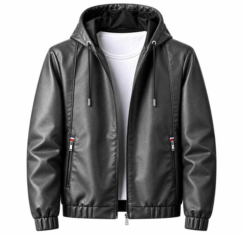 Herren Kunstlederjacke | Integrierte Kapuze mit Kordelzug | Regular Fit mit Reißverschluss