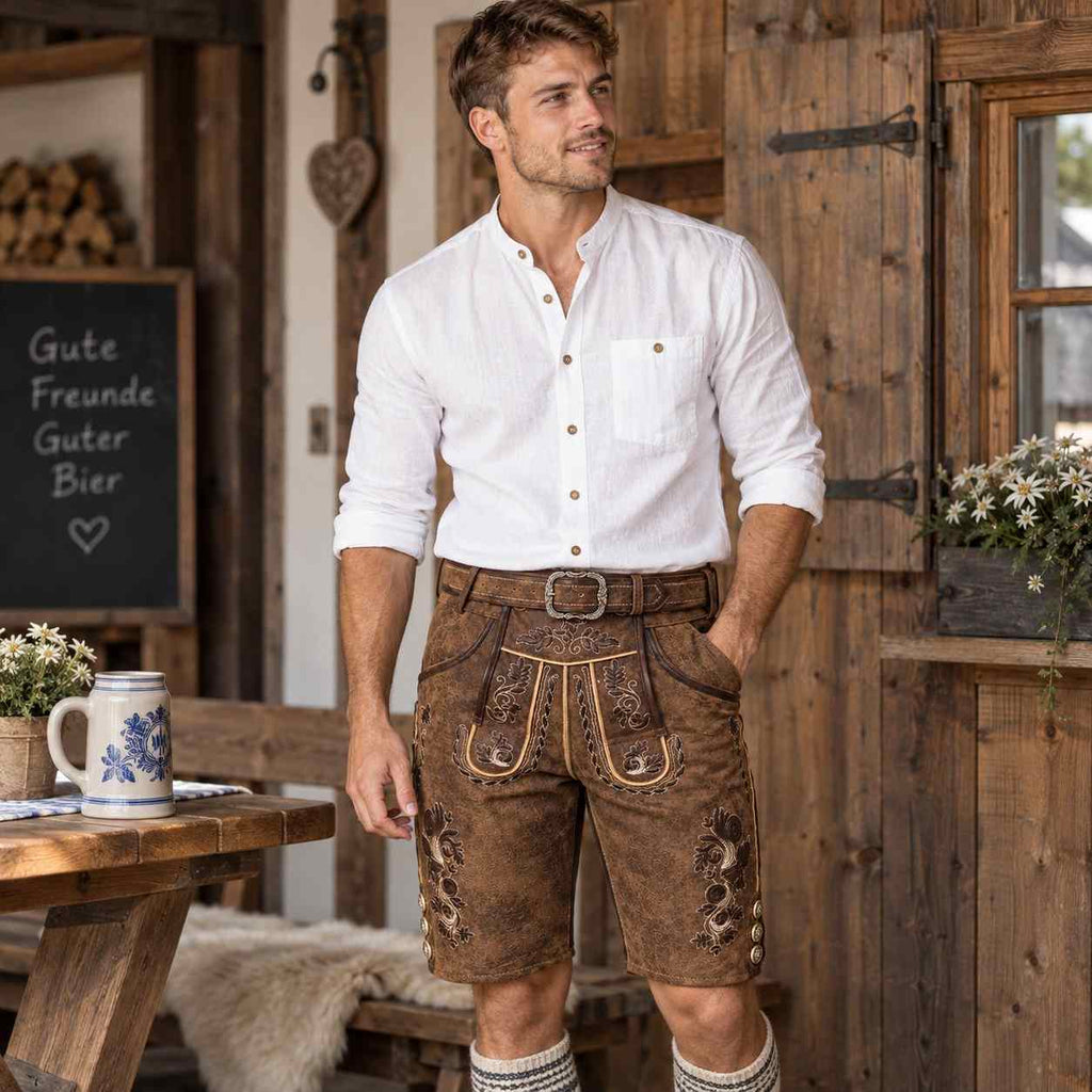 Herren PU-Lederhose | Bayerisch Inspiriertes Design | Stickerei & Regular Fit