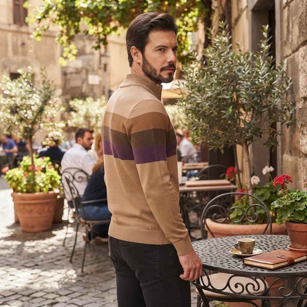 Herren Streifenpullover | Baumwolle & Polyester | Half-Zip mit Rippenkragen