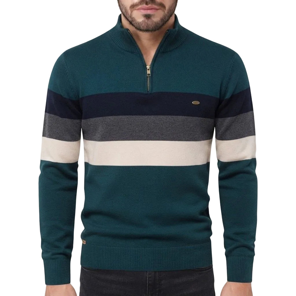 Herren Streifenpullover | Baumwolle & Polyester | Half-Zip mit Rippenkragen