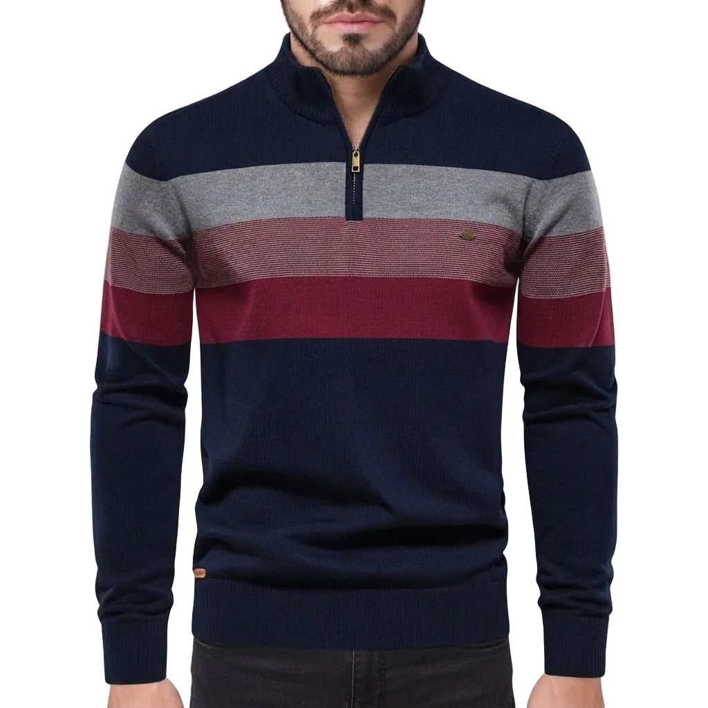 Herren Streifenpullover | Baumwolle & Polyester | Half-Zip mit Rippenkragen