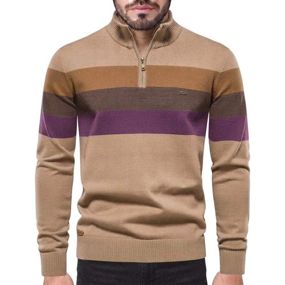 Herren Streifenpullover | Baumwolle & Polyester | Half-Zip mit Rippenkragen