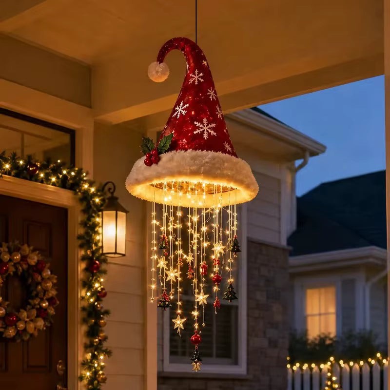 Hängende Weihnachtsmützen-Dekoration | Warme LEDs & Sternenlichterkette | 60 cm Weihnachtsdeko