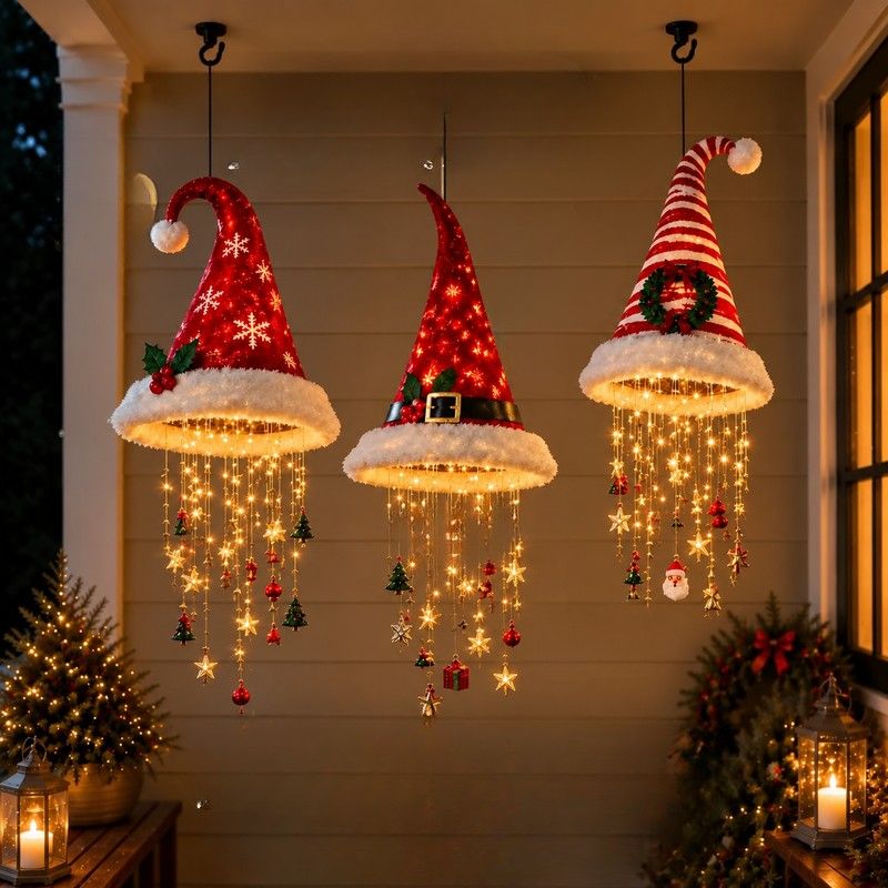 Hängende Weihnachtsmützen-Dekoration | Warme LEDs & Sternenlichterkette | 60 cm Weihnachtsdeko