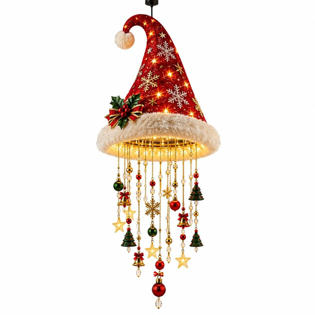 Hängende Weihnachtsmützen-Dekoration | Warme LEDs & Sternenlichterkette | 60 cm Weihnachtsdeko