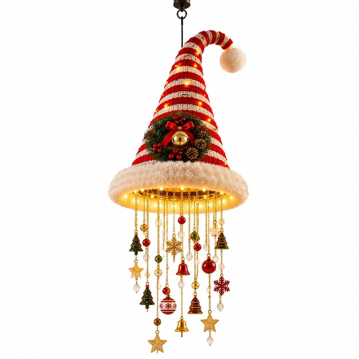 Hängende Weihnachtsmützen-Dekoration | Warme LEDs & Sternenlichterkette | 60 cm Weihnachtsdeko