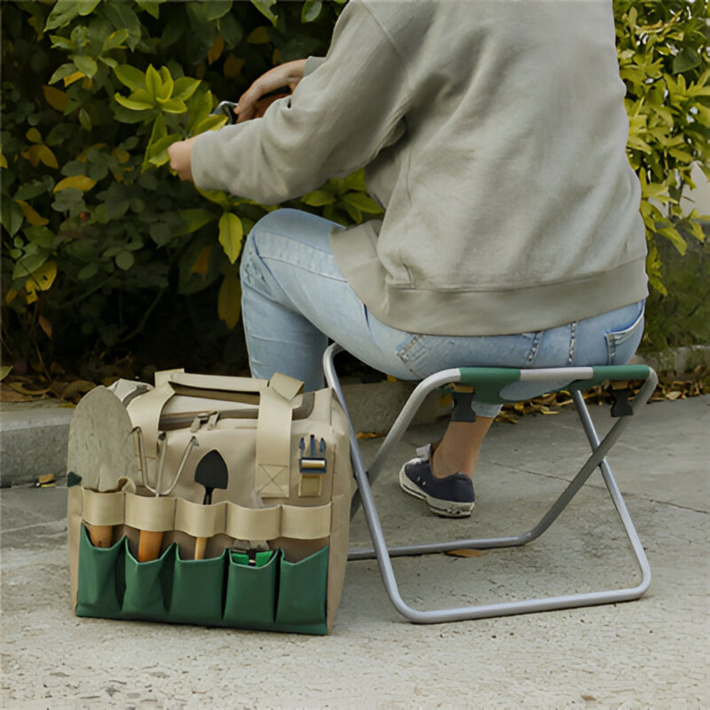 Klappbarer Gartenhocker - Metall Gartensitz mit Werkzeugtasche