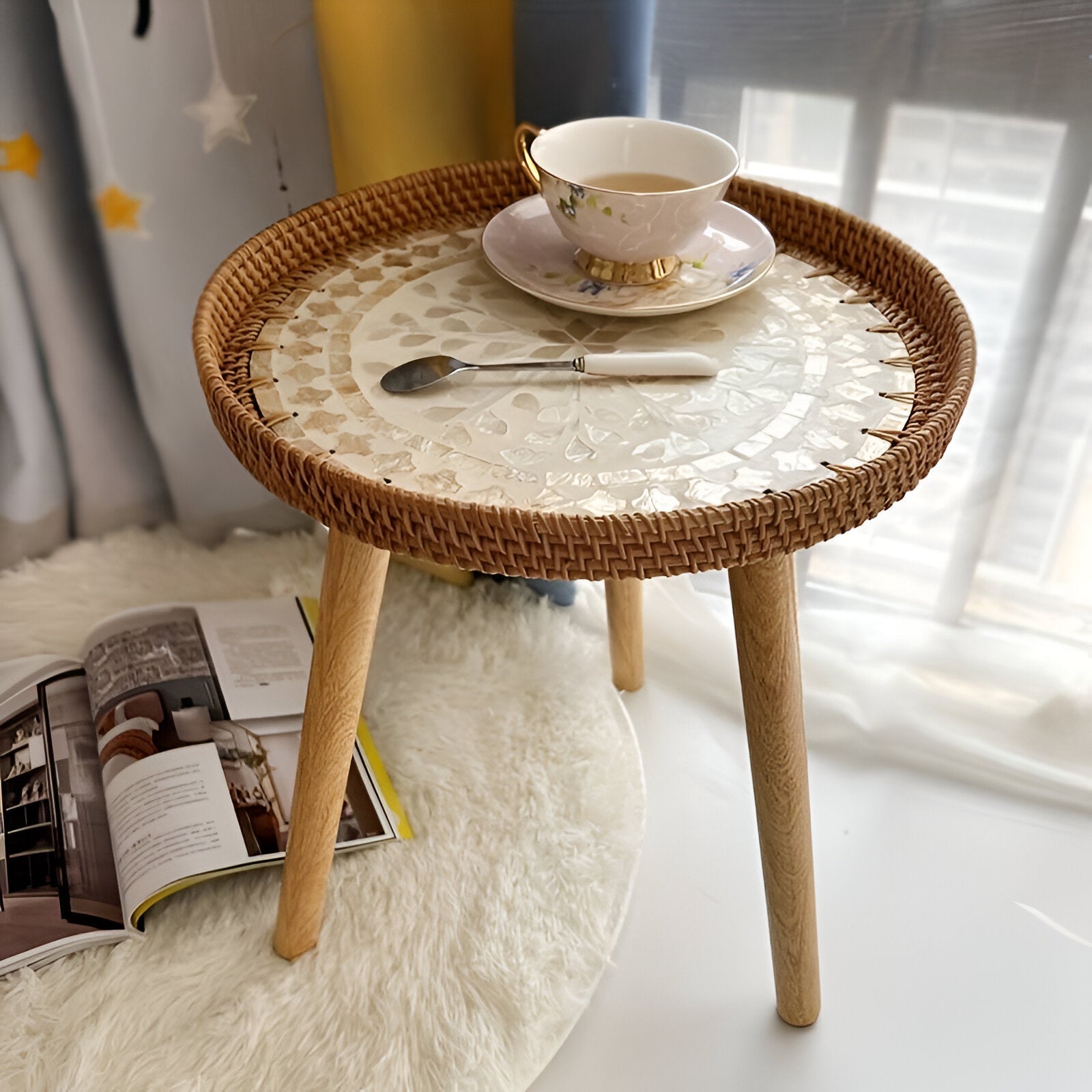 Runder Rattan Couchtisch - Naturfarbener Beistelltisch
