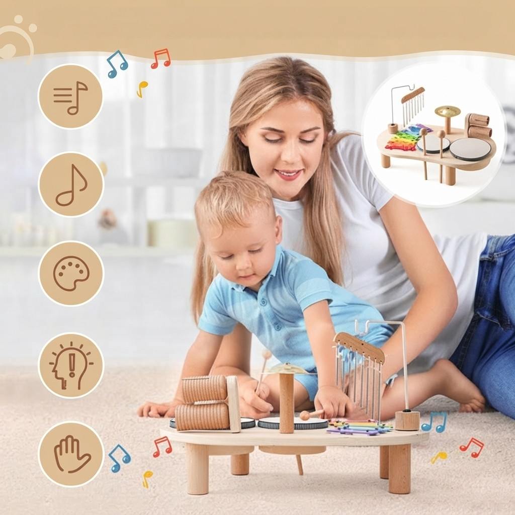 Musikspielzeug aus Holz | Buchenholz | Trommel, Xylophon & Glocken