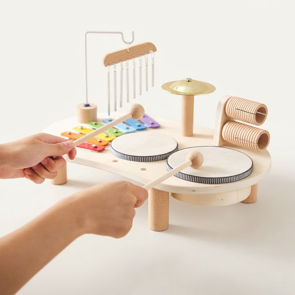 Musikspielzeug aus Holz | Buchenholz | Trommel, Xylophon & Glocken