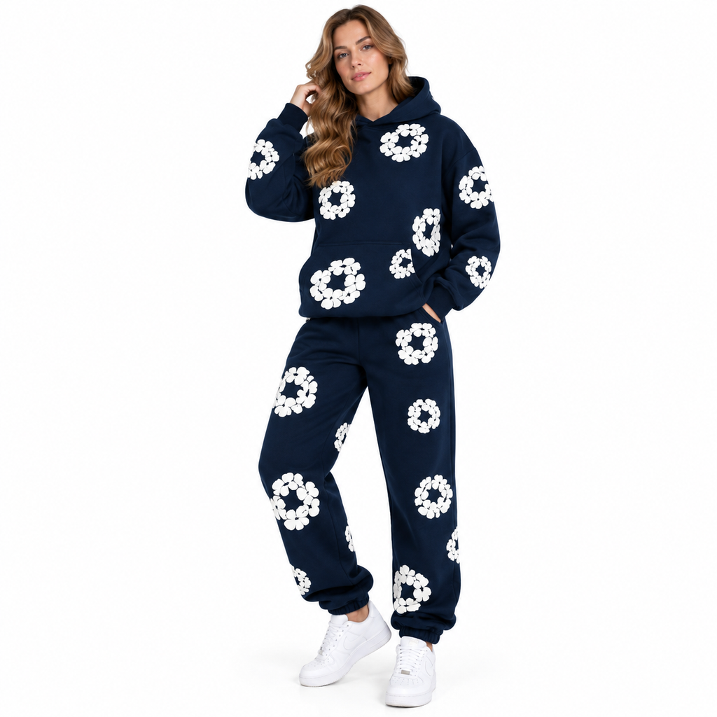 Frauen-Trainingsanzug mit Blumenmuster | Hoodie mit Kängurutasche | Passende Hose mit elastischem Bund
