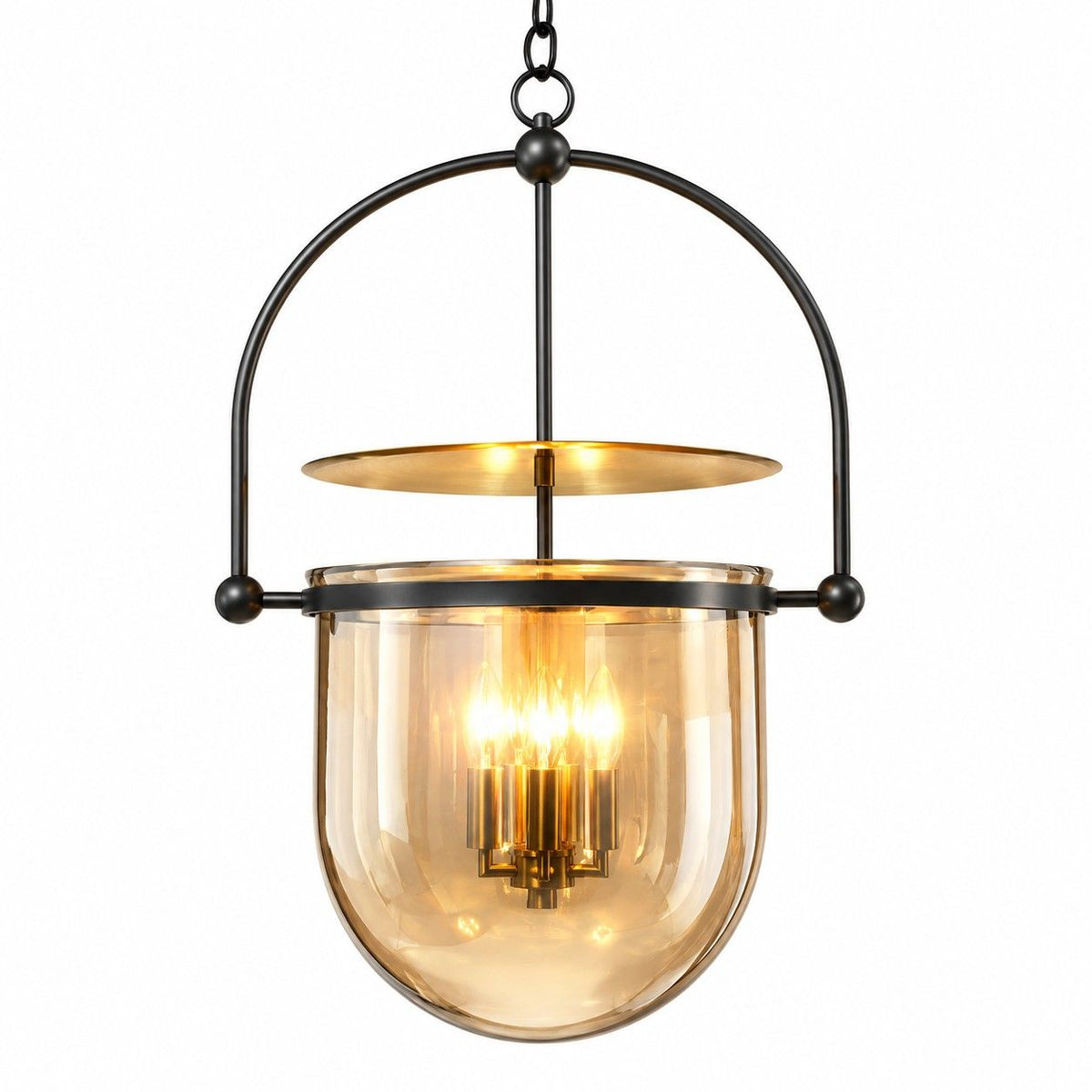 Pendelleuchte mit 3 Lichtquellen | Kuppelförmige Glasschirme | Metallrahmen in Schwarz und Messingoptik