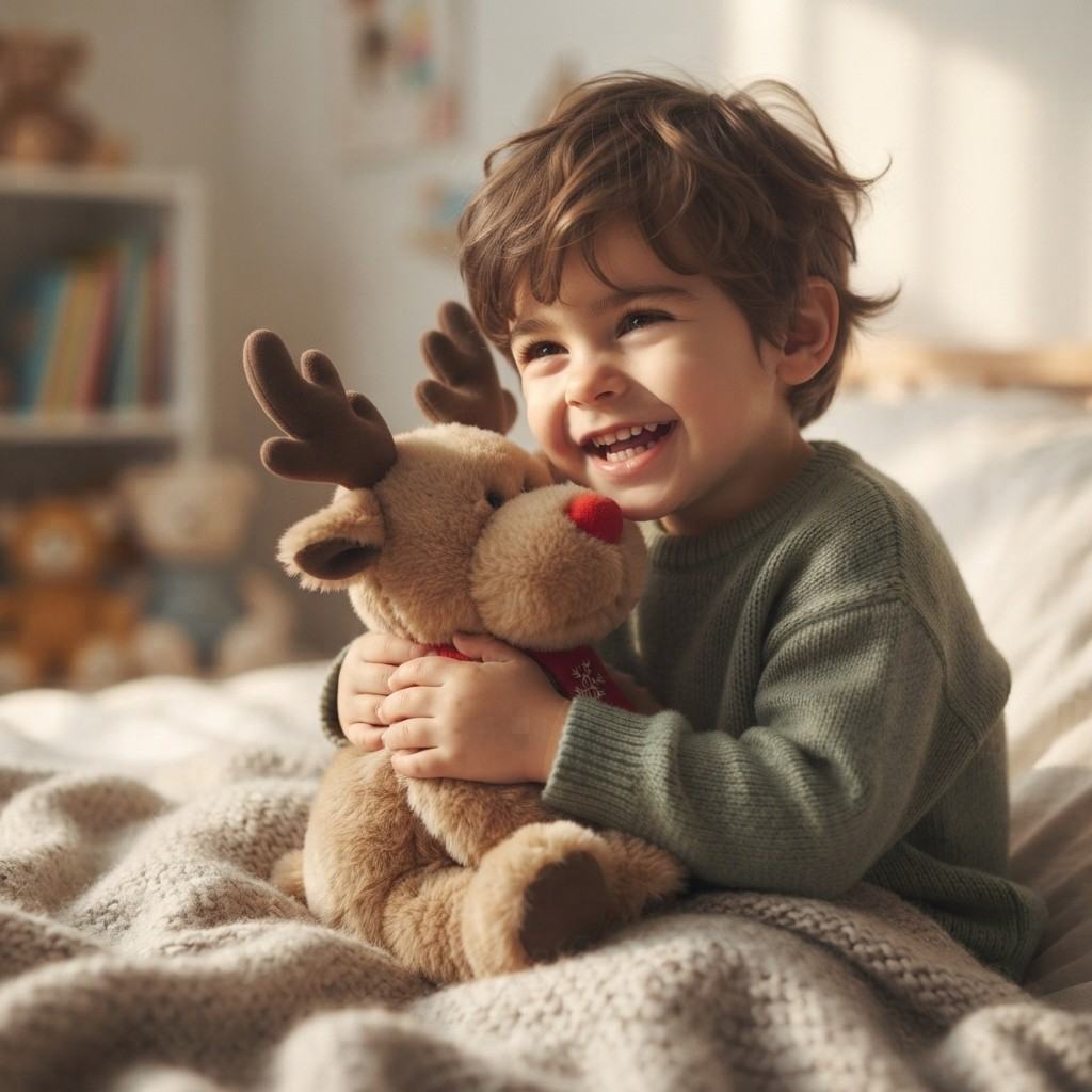 Rentier-Kuscheltier | Weiches Plüschdesign & Roter Schal | Weihnachtliches Motiv