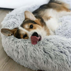 Rundes Haustierbett aus Kunstfell | Nylon & gepolsterter erhöhter Rand | Waschbares Hundebett und Katzenbett