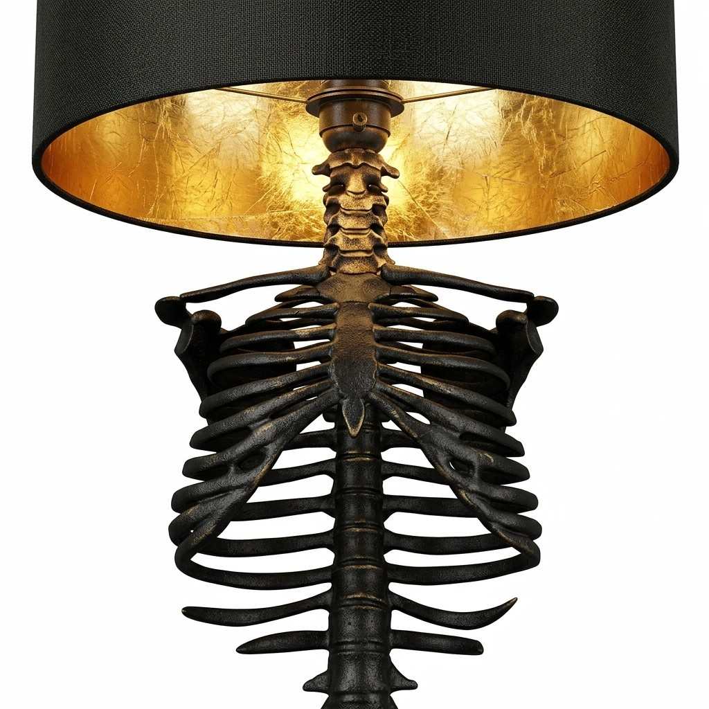 Skelett-Tischlampe | Harzfigur & Metallockel | Dekorative Innenbeleuchtung mit gold- oder kupferfarbenem Schirm