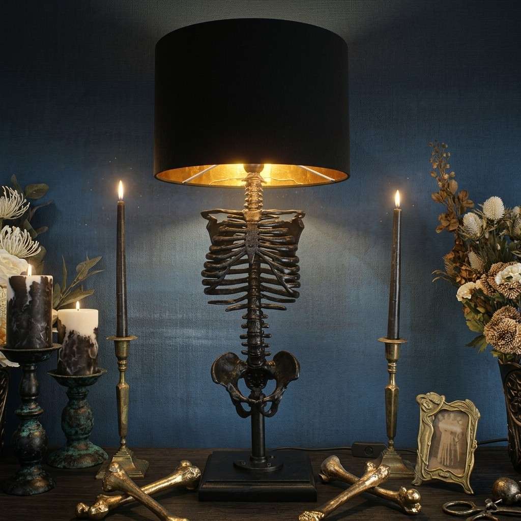Skelett-Tischlampe | Harzfigur & Metallockel | Dekorative Innenbeleuchtung mit gold- oder kupferfarbenem Schirm