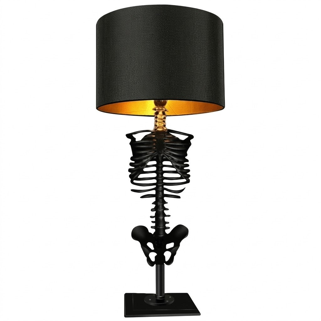 Skelett-Tischlampe | Harzfigur & Metallockel | Dekorative Innenbeleuchtung mit gold- oder kupferfarbenem Schirm
