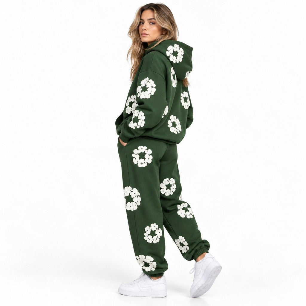 Frauen-Trainingsanzug mit Blumenmuster | Hoodie mit Kängurutasche | Passende Hose mit elastischem Bund