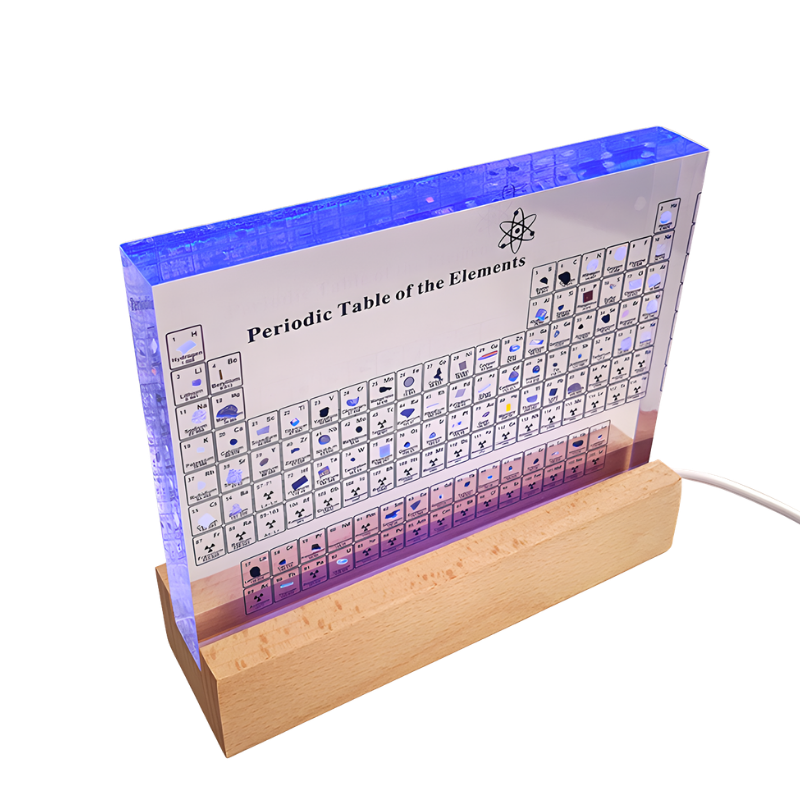 Acryl Periodensystem LED Schreibtischlampe - Dekorative Tischleuchte mit Holzsockel