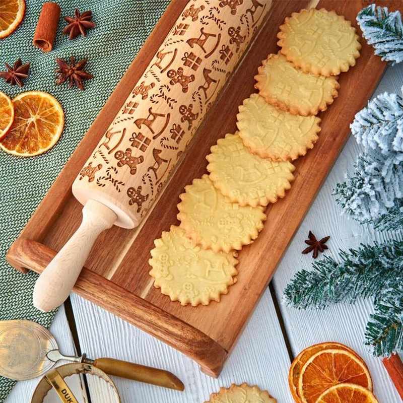 Weihnachts-Nudelholz | Graviertes Buchenholz | Festliche Backmuster