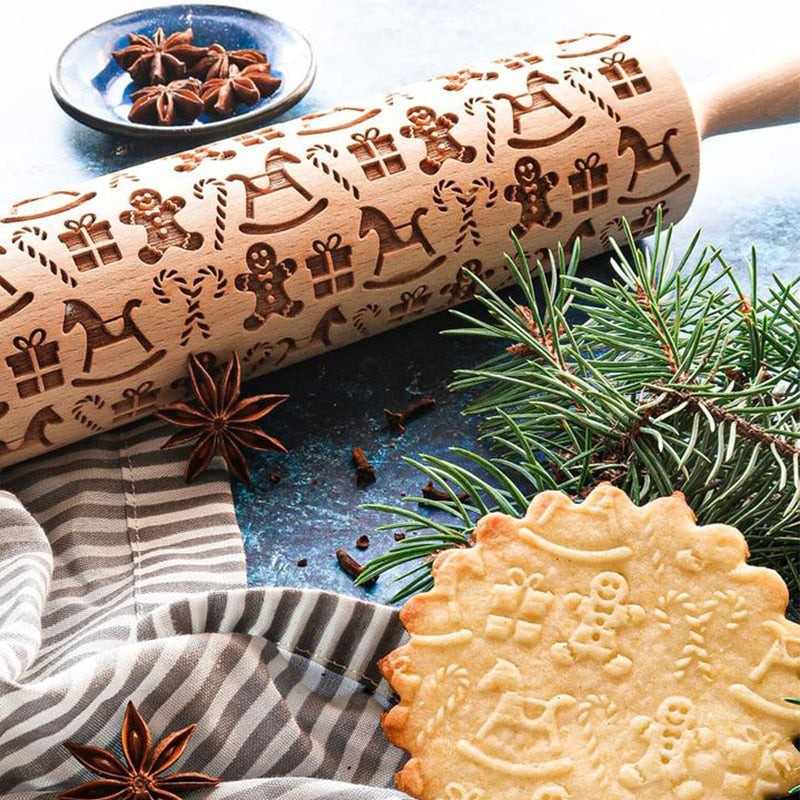 Weihnachts-Nudelholz | Graviertes Buchenholz | Festliche Backmuster