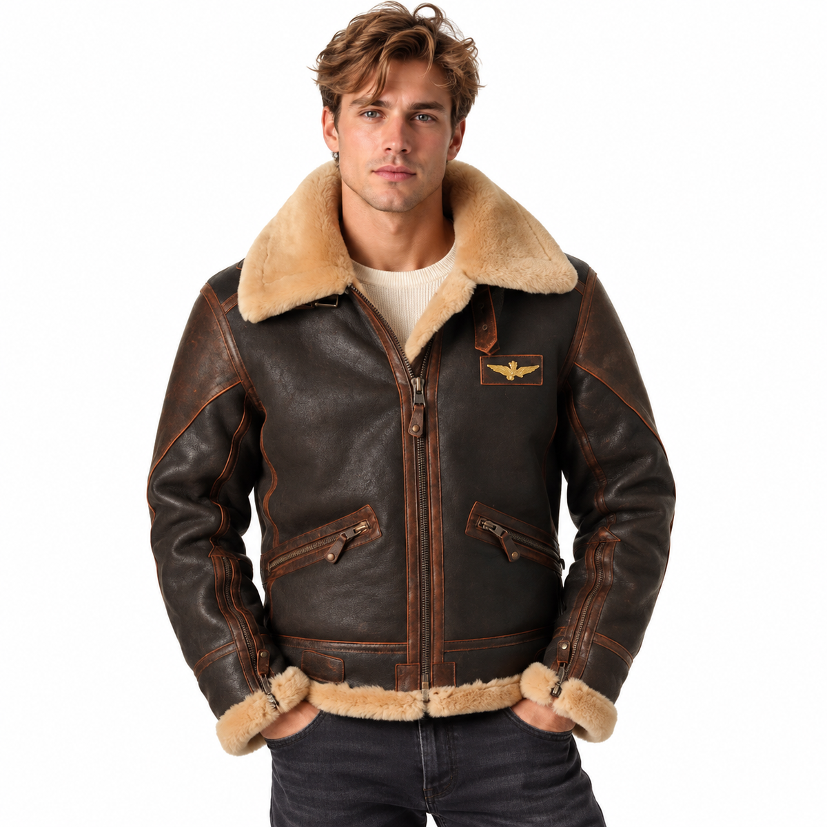 Herren PU-Bikerjacke | Kunstfellkragen | Reißverschluss & Polyesterfutter für Winter