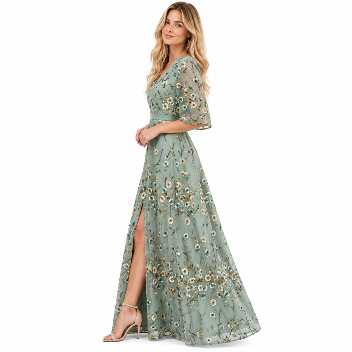 Damen Maxikleid aus Polyester | V-Ausschnitt & A-Linie | Langarm & bedrucktes Design